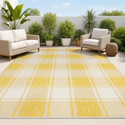 Bold Gingham Indoor Outdoor Area Rug 3X5 Yellow/Cream, Sabine Traditional Farmhouse for Backyard, Patio, Porch, Easy-Cleaning, High Traffic, Pet-Friendly, Non-Shedding (TSN203C-3)