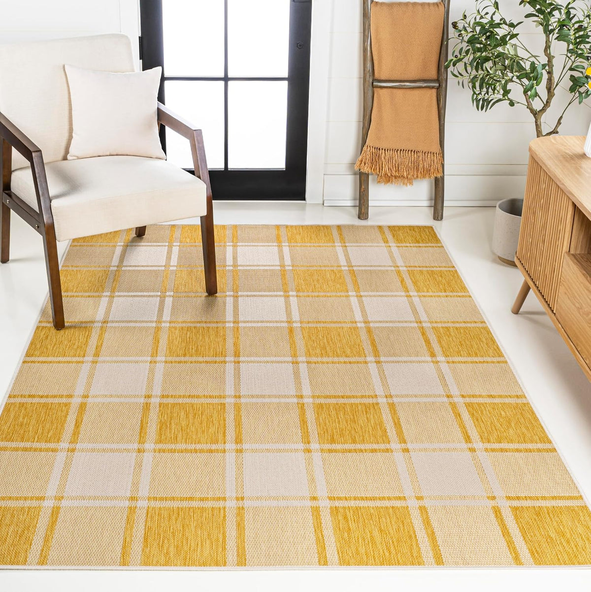 Bold Gingham Indoor Outdoor Area Rug 3X5 Yellow/Cream, Sabine Traditional Farmhouse for Backyard, Patio, Porch, Easy-Cleaning, High Traffic, Pet-Friendly, Non-Shedding (TSN203C-3)