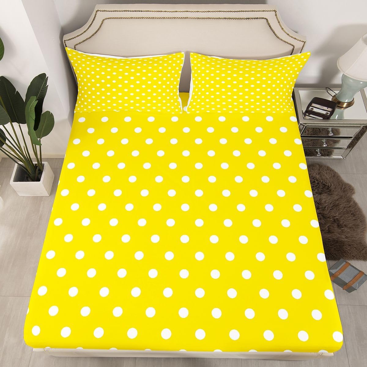 Yellow White Polka Dot Bed Sheets Set King Size Retro Cute Polka Dot Bed Set Geometric Deep Pocket Fitted Sheet Luxury Breathable Soft Lightweight Microfiber