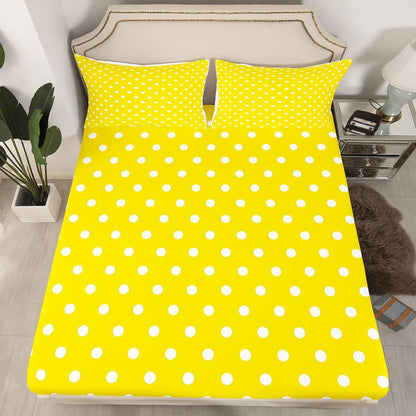 Yellow White Polka Dot Bed Sheets Set King Size Retro Cute Polka Dot Bed Set Geometric Deep Pocket Fitted Sheet Luxury Breathable Soft Lightweight Microfiber