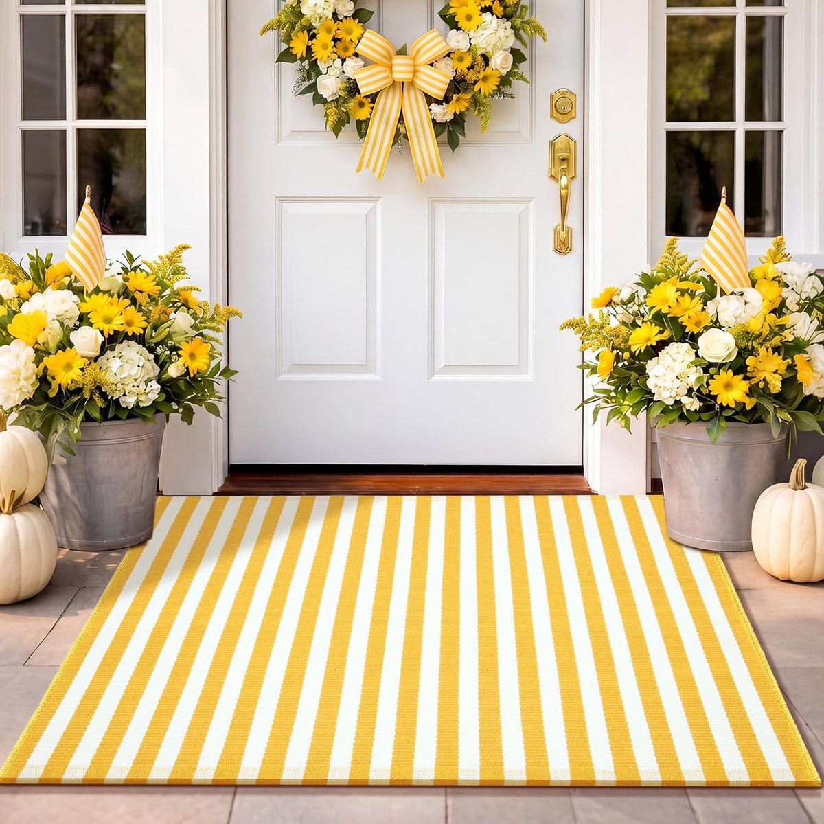 2' X 3' Yellow and White Fall Vertical Stripe Outdoor Rug