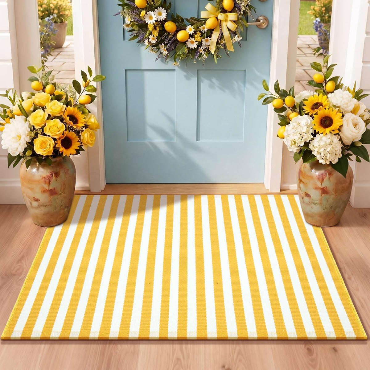 2' X 3' Yellow and White Fall Vertical Stripe Outdoor Rug