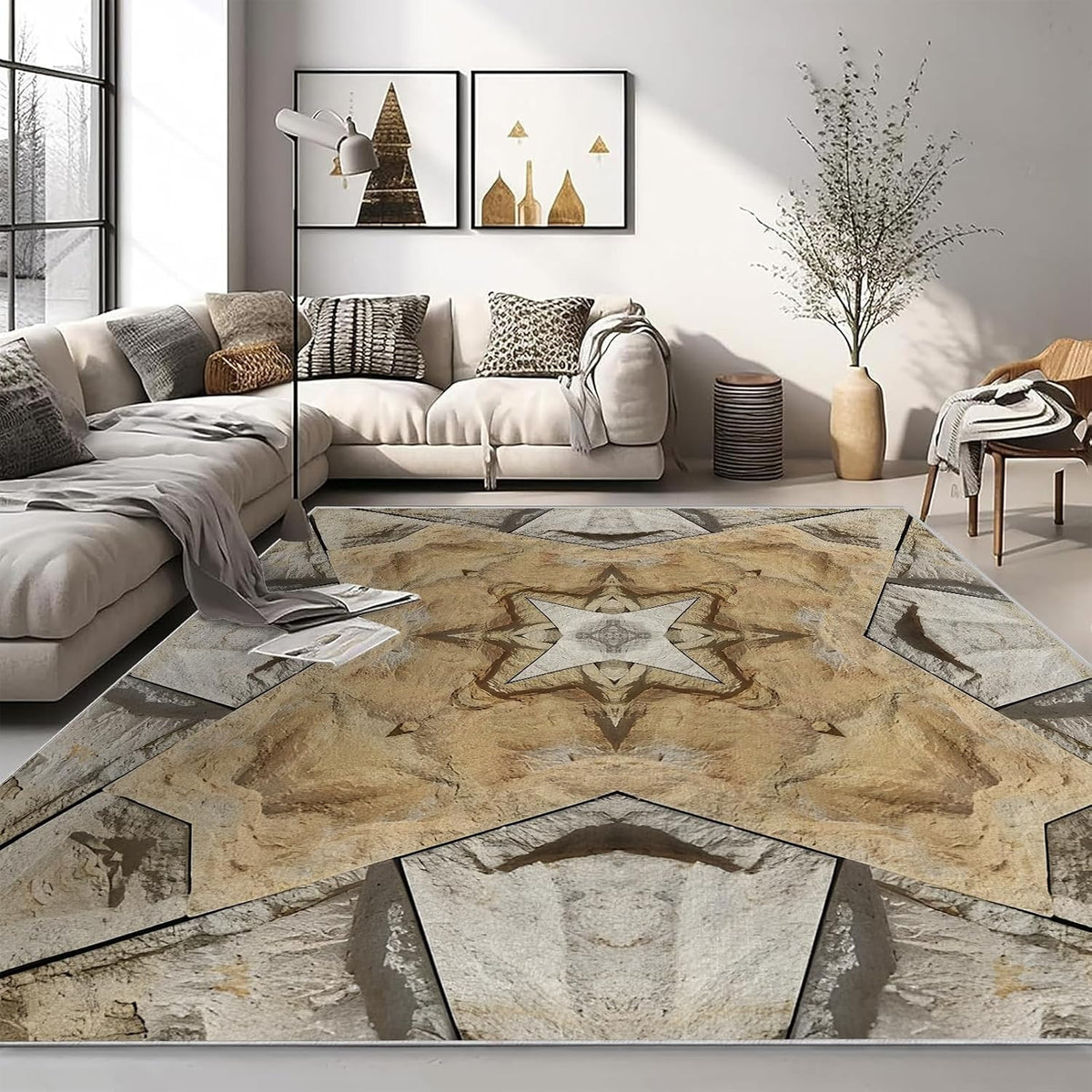 Retro Abstract Pattern Area Rug – Premium Low Pile Non-Slip Carpet for Living Room, Bedroom & Office – Geometric Print,Washable Contemporary Home Decor Rug Yellow