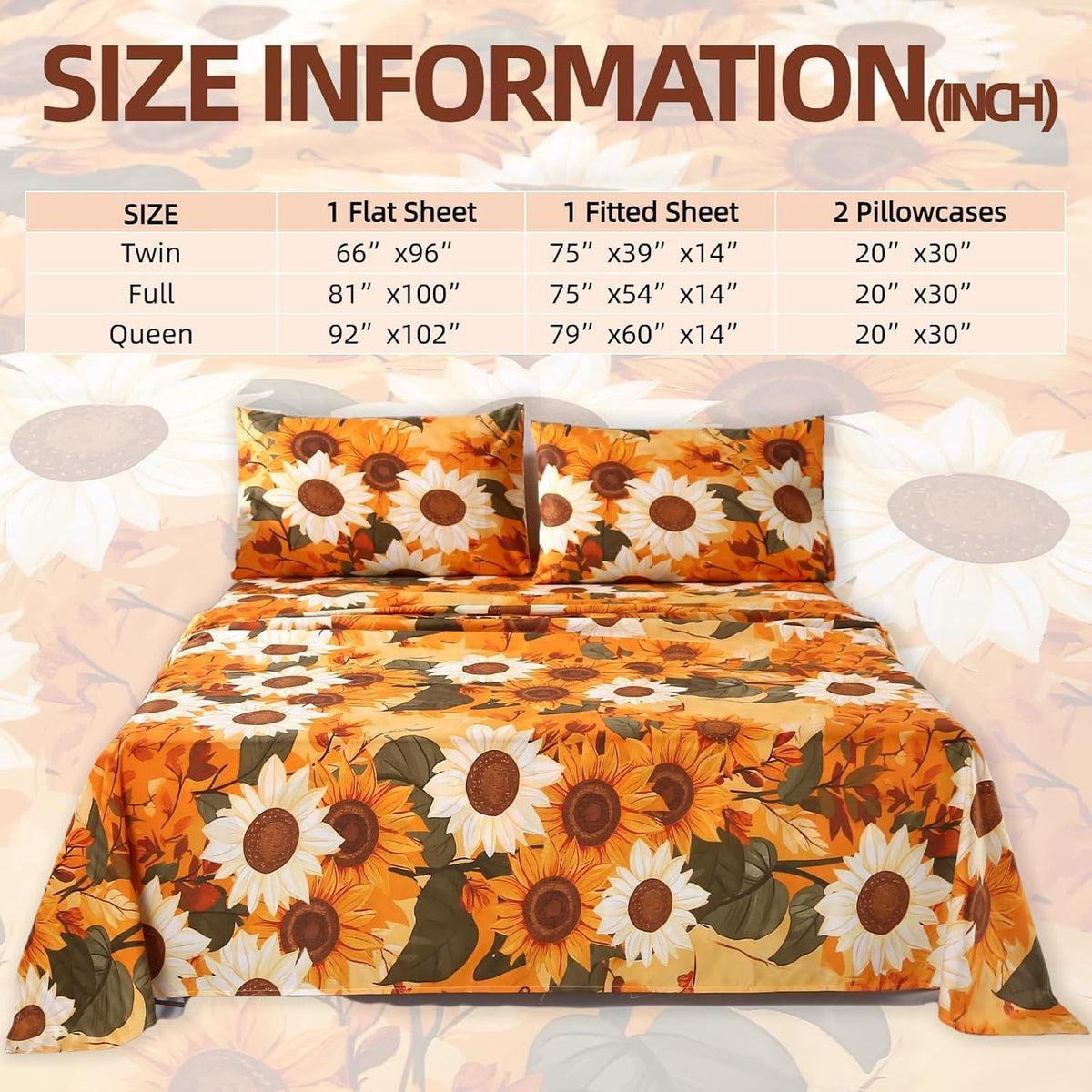 4Pcs Floral Queen Size Bed Sheets,Floral Microfiber Bedding Sheet Sets,Boho Yellow Sunflowers Pattern,included 1 Fitted Sheet 14''Deep Pocket + 1 Flat Sheet + 2 Pillowcases,Breathable and Wrinkle.