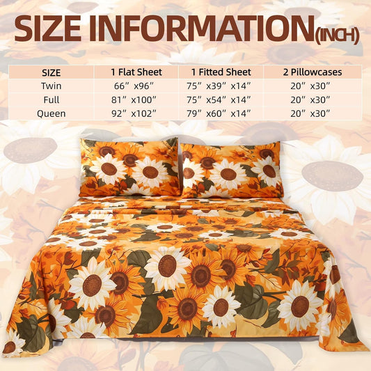4Pcs Floral Queen Size Bed Sheets,Floral Microfiber Bedding Sheet Sets,Boho Yellow Sunflowers Pattern,included 1 Fitted Sheet 14''Deep Pocket + 1 Flat Sheet + 2 Pillowcases,Breathable and Wrinkle.