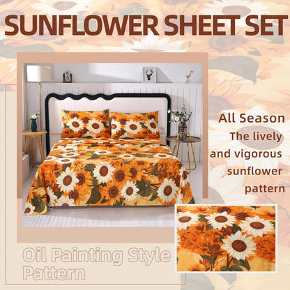 4Pcs Floral Queen Size Bed Sheets,Floral Microfiber Bedding Sheet Sets,Boho Yellow Sunflowers Pattern,included 1 Fitted Sheet 14''Deep Pocket + 1 Flat Sheet + 2 Pillowcases,Breathable and Wrinkle.