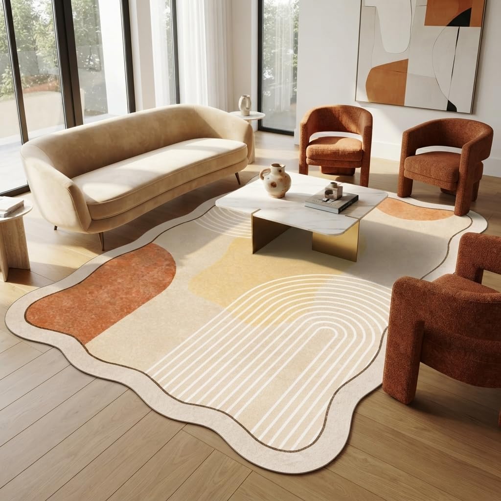 5x7 Unique Minimalist Geometric Cream Style Beige Orange Yellow Irregular Shaped Rug for Living Room Bedroom Diningroom Soft Wool Foldable Quick Dry Carpet Under Table Office Aesthetic Floor Rug