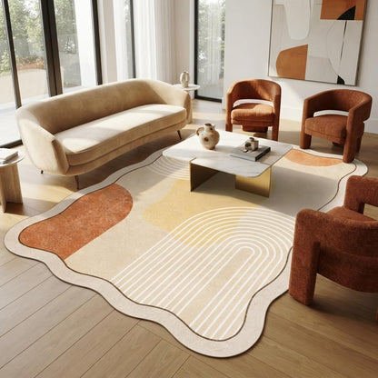 5x7 Unique Minimalist Geometric Cream Style Beige Orange Yellow Irregular Shaped Rug for Living Room Bedroom Diningroom Soft Wool Foldable Quick Dry Carpet Under Table Office Aesthetic Floor Rug