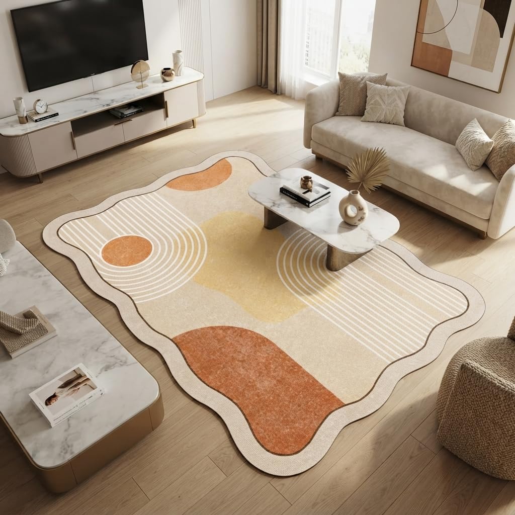 5x7 Unique Minimalist Geometric Cream Style Beige Orange Yellow Irregular Shaped Rug for Living Room Bedroom Diningroom Soft Wool Foldable Quick Dry Carpet Under Table Office Aesthetic Floor Rug