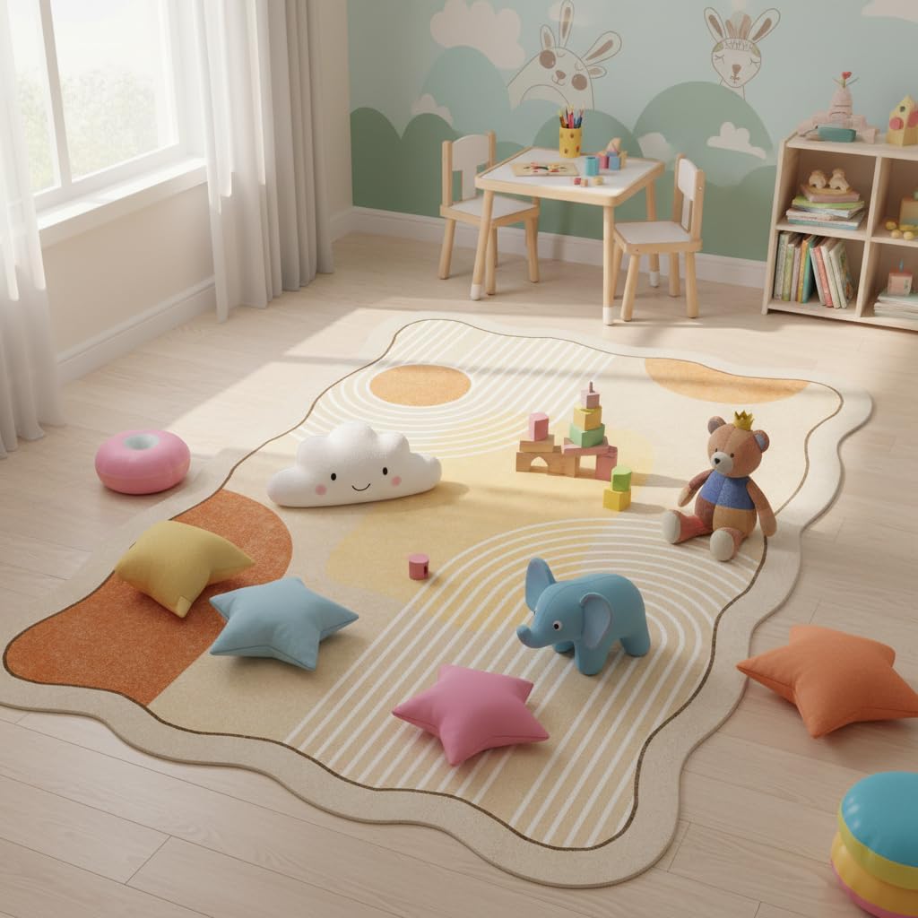 5x7 Unique Minimalist Geometric Cream Style Beige Orange Yellow Irregular Shaped Rug for Living Room Bedroom Diningroom Soft Wool Foldable Quick Dry Carpet Under Table Office Aesthetic Floor Rug