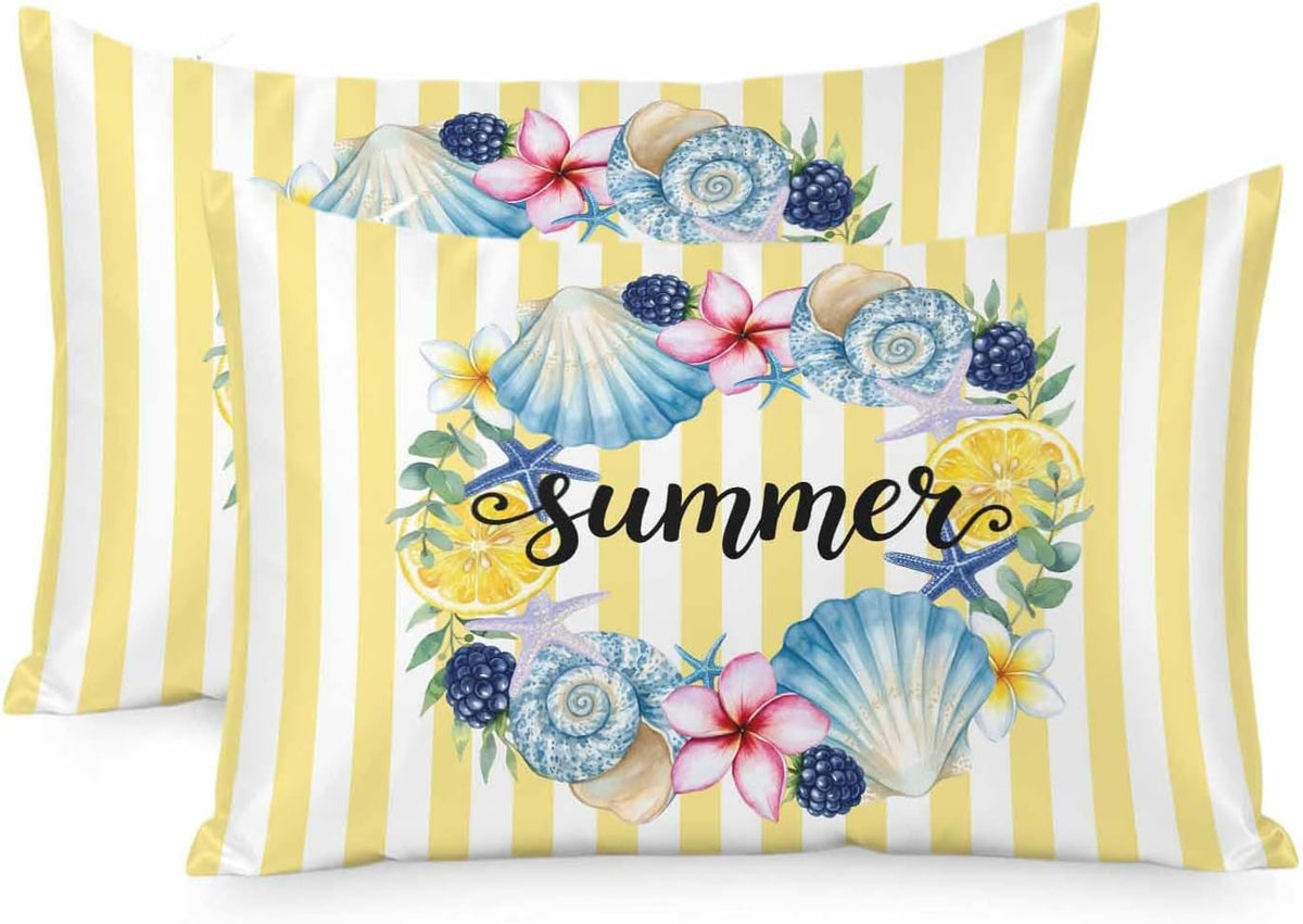 Summer Standard Pillowcase Set of 2, Lemons Starfish Flower Stripes Yellow Satin Pillow Case Cover with Smooth Hidden Zipper Closure, Soft Throw Pillow Covers Cases for Home Decoration 20 X 26 Inches