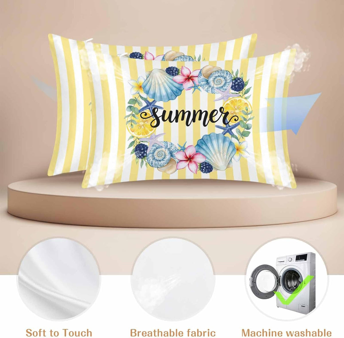 Summer Standard Pillowcase Set of 2, Lemons Starfish Flower Stripes Yellow Satin Pillow Case Cover with Smooth Hidden Zipper Closure, Soft Throw Pillow Covers Cases for Home Decoration 20 X 26 Inches