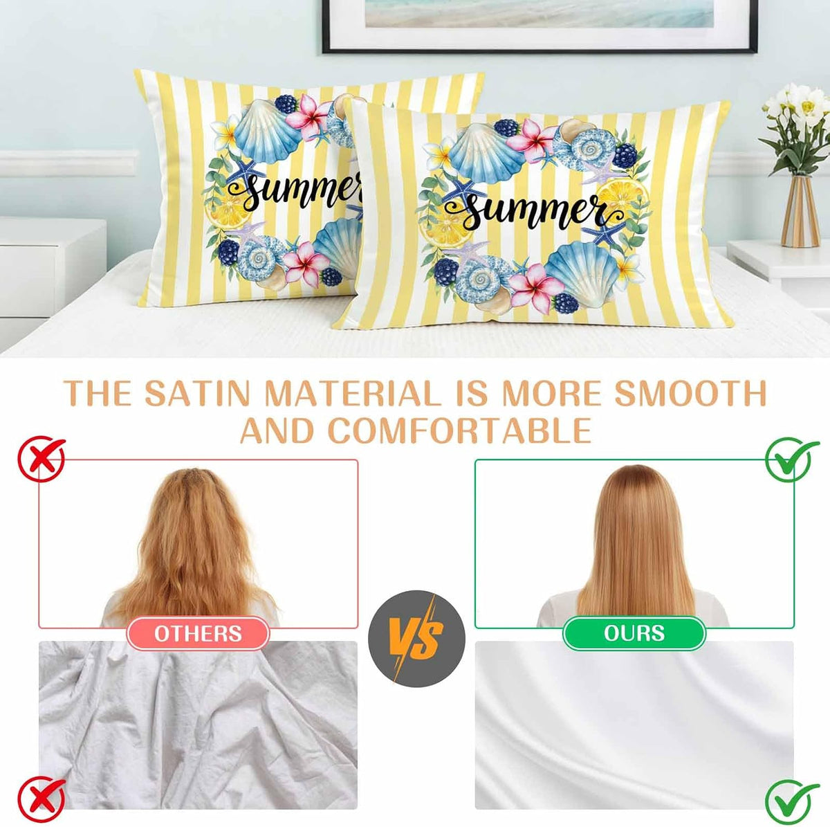 Summer Standard Pillowcase Set of 2, Lemons Starfish Flower Stripes Yellow Satin Pillow Case Cover with Smooth Hidden Zipper Closure, Soft Throw Pillow Covers Cases for Home Decoration 20 X 26 Inches