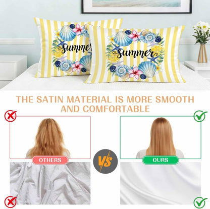 Summer Standard Pillowcase Set of 2, Lemons Starfish Flower Stripes Yellow Satin Pillow Case Cover with Smooth Hidden Zipper Closure, Soft Throw Pillow Covers Cases for Home Decoration 20 X 26 Inches