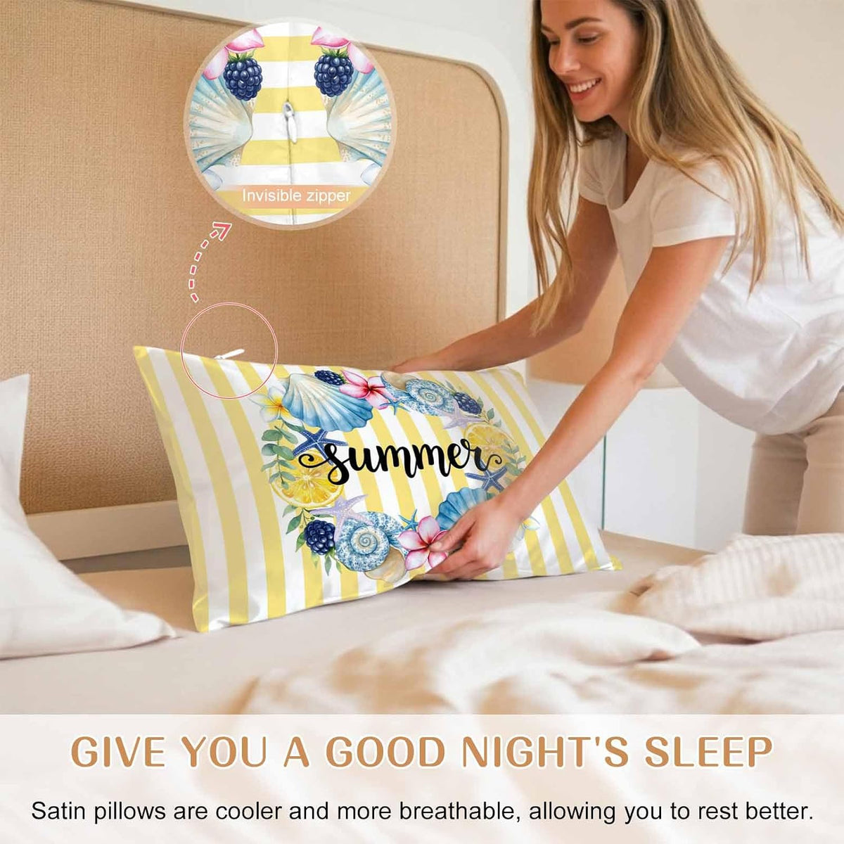 Summer Standard Pillowcase Set of 2, Lemons Starfish Flower Stripes Yellow Satin Pillow Case Cover with Smooth Hidden Zipper Closure, Soft Throw Pillow Covers Cases for Home Decoration 20 X 26 Inches