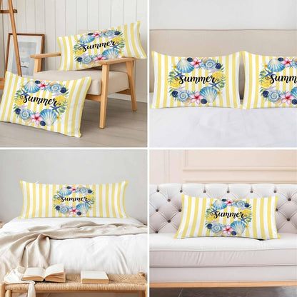 Summer Standard Pillowcase Set of 2, Lemons Starfish Flower Stripes Yellow Satin Pillow Case Cover with Smooth Hidden Zipper Closure, Soft Throw Pillow Covers Cases for Home Decoration 20 X 26 Inches