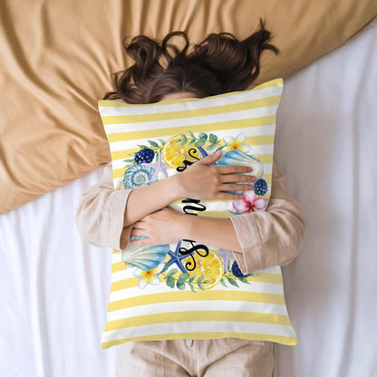 Summer Standard Pillowcase Set of 2, Lemons Starfish Flower Stripes Yellow Satin Pillow Case Cover with Smooth Hidden Zipper Closure, Soft Throw Pillow Covers Cases for Home Decoration 20 X 26 Inches