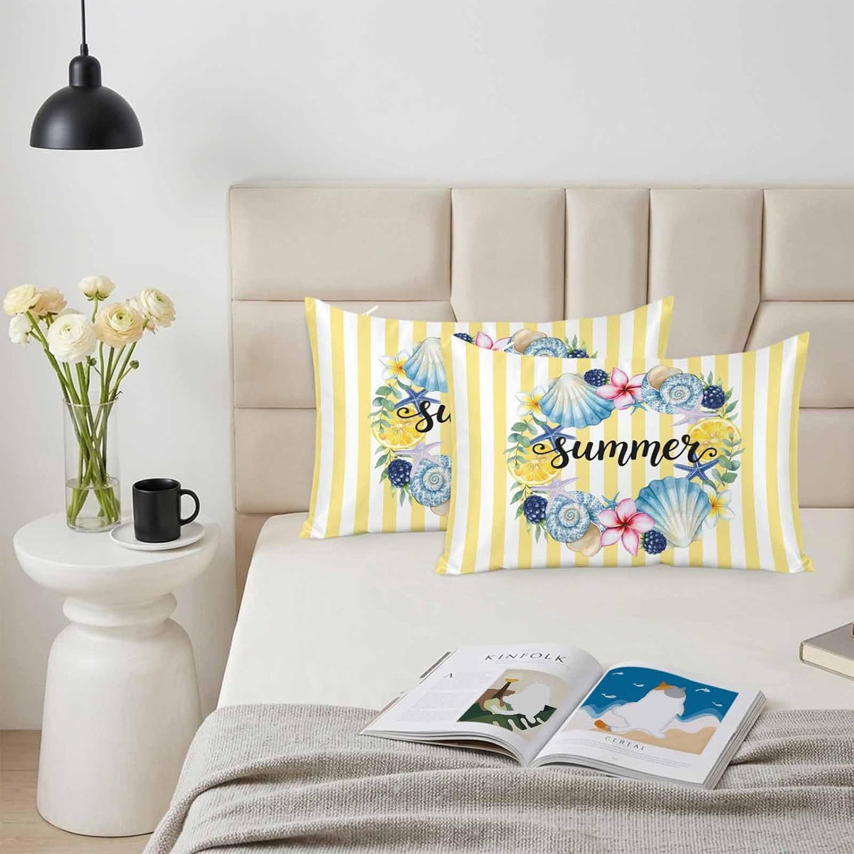 Summer Standard Pillowcase Set of 2, Lemons Starfish Flower Stripes Yellow Satin Pillow Case Cover with Smooth Hidden Zipper Closure, Soft Throw Pillow Covers Cases for Home Decoration 20 X 26 Inches
