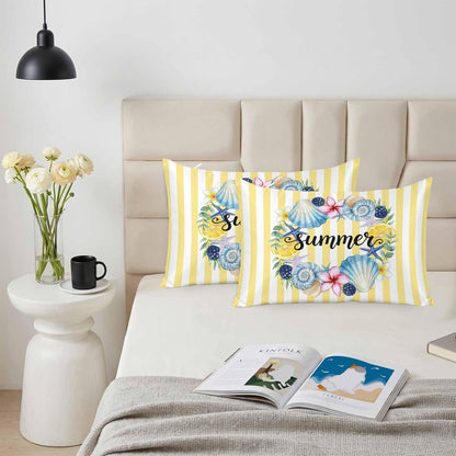 Summer Standard Pillowcase Set of 2, Lemons Starfish Flower Stripes Yellow Satin Pillow Case Cover with Smooth Hidden Zipper Closure, Soft Throw Pillow Covers Cases for Home Decoration 20 X 26 Inches