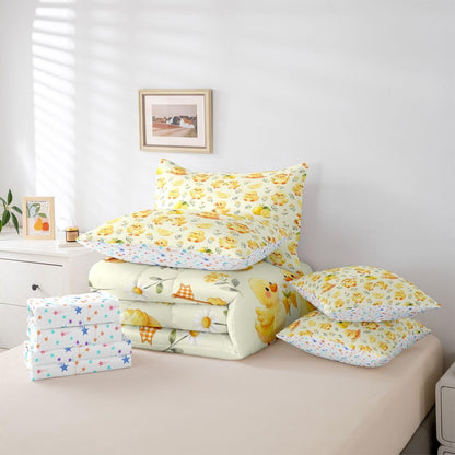 Kawaii Yellow Duck Queen Bedding Set 7 Piece Cute Cartoon Rubber Duck Bed in A Bag with Sheets Rustic Daisy Floral Comforter Set for Kids Adults,Summer Fruit Lemon Bed Sets