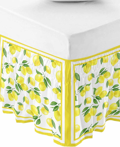 Yellow Lemon Bed Skirt Queen Size 16 Inch Drop, Adjustable Elastic Wrap Around Bed Skirts Easy Fitting Dust Ruffle Bedskirt Bed Frame Cover Summer Watercolor Fruits Leaf