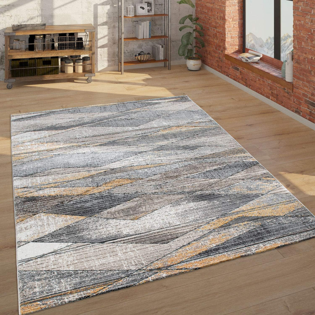 Modern Rug for Living Rooms Abstract Design, 3D Effect in Grey Yellow, Size:2'8" x 4'11"