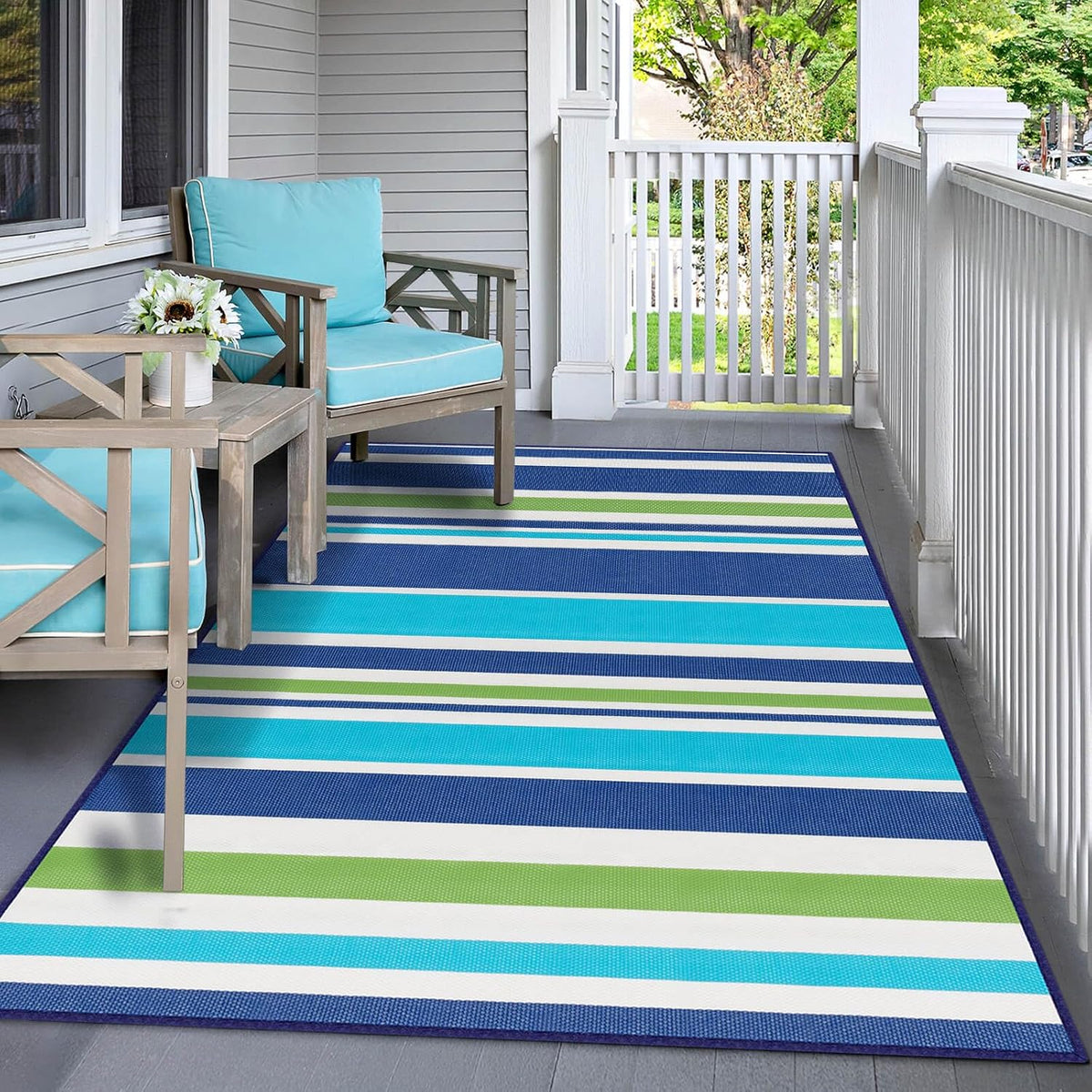 Outdoor Patio Plastic Rug Waterproof - Outdoor Rugs for Camper Outside, Rv, Porch Deck Rug Clearance, Area Carpet for Outside, Balcony, Patio Decor, Blue & Green, 4x6 ft