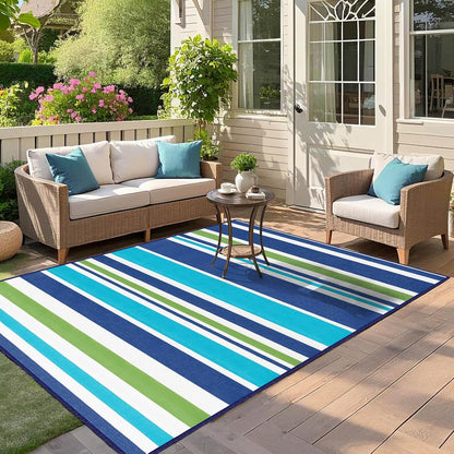 Outdoor Patio Plastic Rug Waterproof - Outdoor Rugs for Camper Outside, Rv, Porch Deck Rug Clearance, Area Carpet for Outside, Balcony, Patio Decor, Blue & Green, 4x6 ft