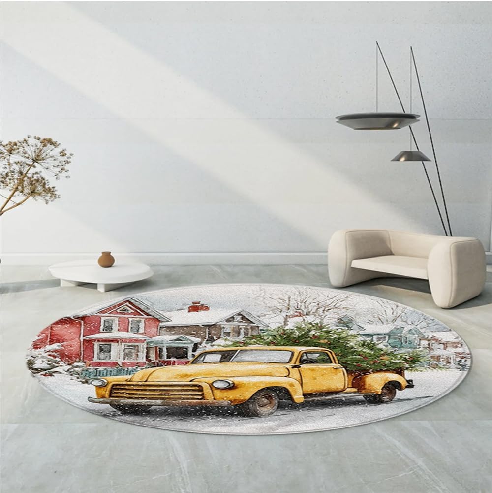 Christmas Round Area Rugs Farm Yellow Truck Winter Snow Scene New Year Holiday Theme Pattern Soft Circle Mat for Living Room Bedroom Low Pile Carpet 23.6 Inch