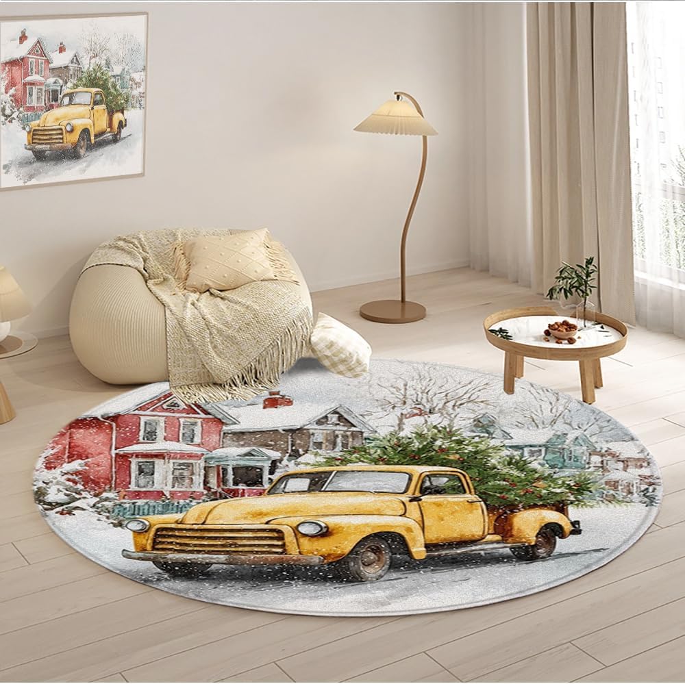 Christmas Round Area Rugs Farm Yellow Truck Winter Snow Scene New Year Holiday Theme Pattern Soft Circle Mat for Living Room Bedroom Low Pile Carpet 23.6 Inch
