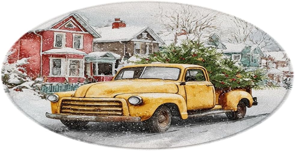 Christmas Round Area Rugs Farm Yellow Truck Winter Snow Scene New Year Holiday Theme Pattern Soft Circle Mat for Living Room Bedroom Low Pile Carpet 23.6 Inch