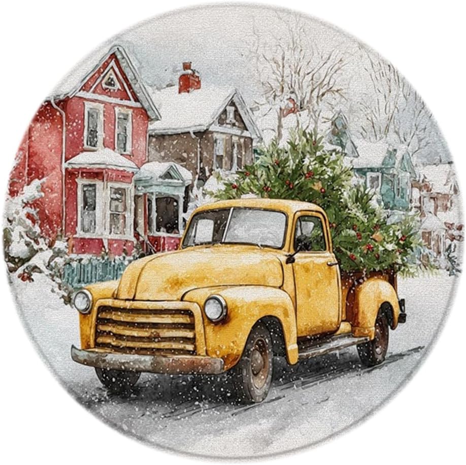 Christmas Round Area Rugs Farm Yellow Truck Winter Snow Scene New Year Holiday Theme Pattern Soft Circle Mat for Living Room Bedroom Low Pile Carpet 23.6 Inch