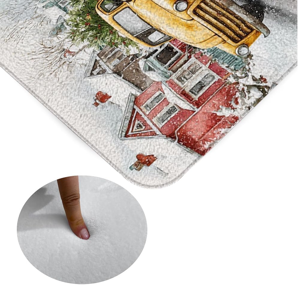Christmas Round Area Rugs Farm Yellow Truck Winter Snow Scene New Year Holiday Theme Pattern Soft Circle Mat for Living Room Bedroom Low Pile Carpet 23.6 Inch