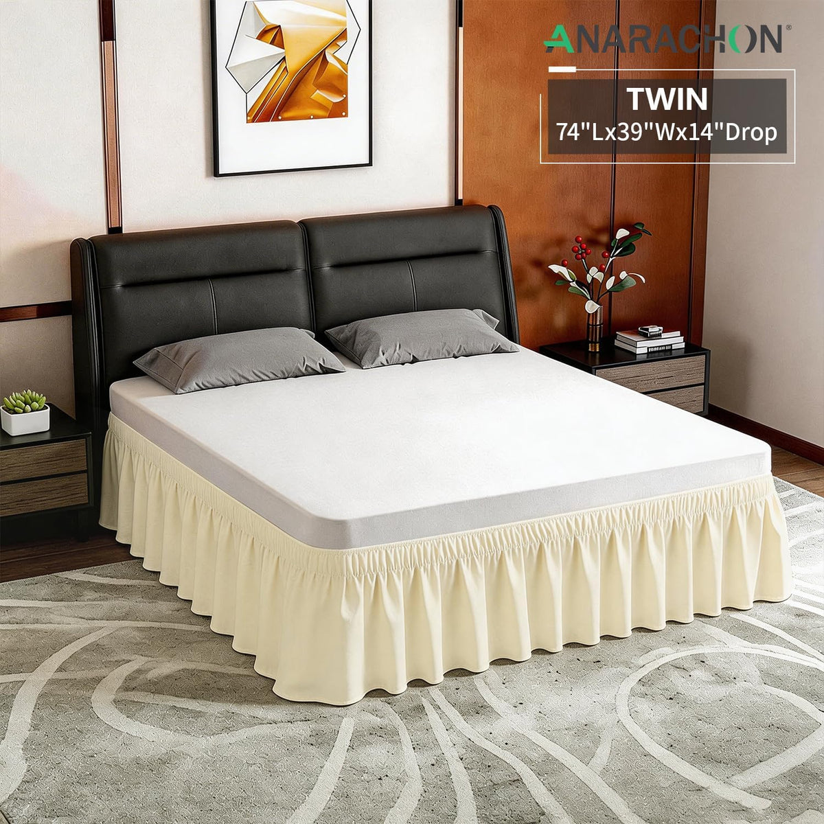 Twin Bed Skirt, Elastic Wrap Around Bed Skirt Twin Size, Bed Skirts for Adjustable Bed, Easy Fit with 14" Drop Length Tailored Drop Dust Ruffle (Light Yellow)