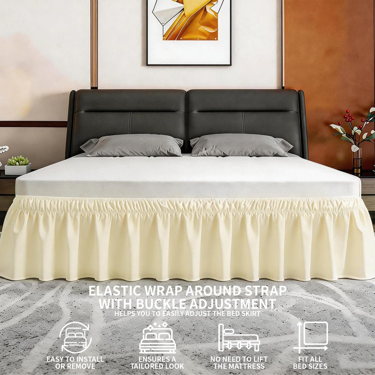 Twin Bed Skirt, Elastic Wrap Around Bed Skirt Twin Size, Bed Skirts for Adjustable Bed, Easy Fit with 14" Drop Length Tailored Drop Dust Ruffle (Light Yellow)