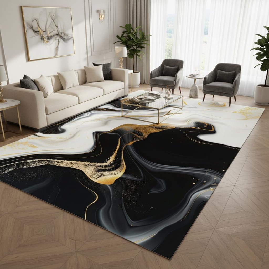 Liquid Marble Swirl Modern Abstract Black White Yellow Area Rug for Living Room Bedroom Guestroom Non Slip Washable Soft Lux Carpet Under Dining Room Coffee Table Art Deco Home Office Rug 5x7