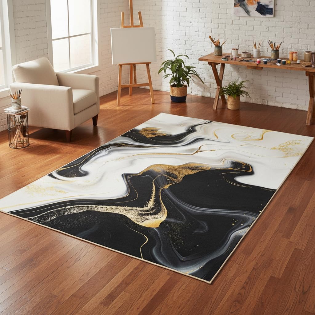 Liquid Marble Swirl Modern Abstract Black White Yellow Area Rug for Living Room Bedroom Guestroom Non Slip Washable Soft Lux Carpet Under Dining Room Coffee Table Art Deco Home Office Rug 5x7