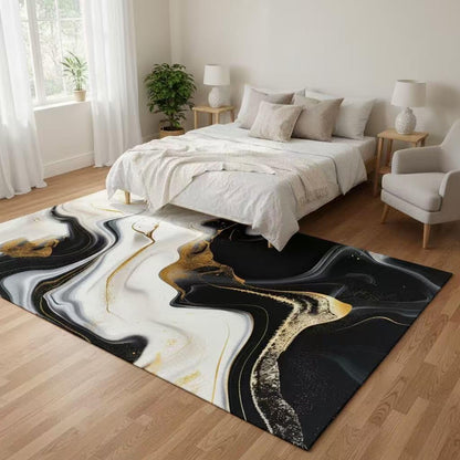 Liquid Marble Swirl Modern Abstract Black White Yellow Area Rug for Living Room Bedroom Guestroom Non Slip Washable Soft Lux Carpet Under Dining Room Coffee Table Art Deco Home Office Rug 5x7