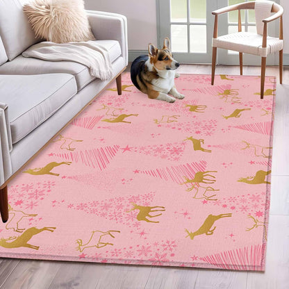Hallway Runner Rugs 2.7x5 Ft, Christmas Pink Non Slip Area Rugs for Kitchen Bedroom Entryway, Yellow Reindeer Xmas Pine Trees Winter Washable Carpet Runner Rug Floor Mats for Bedroom Home Decor