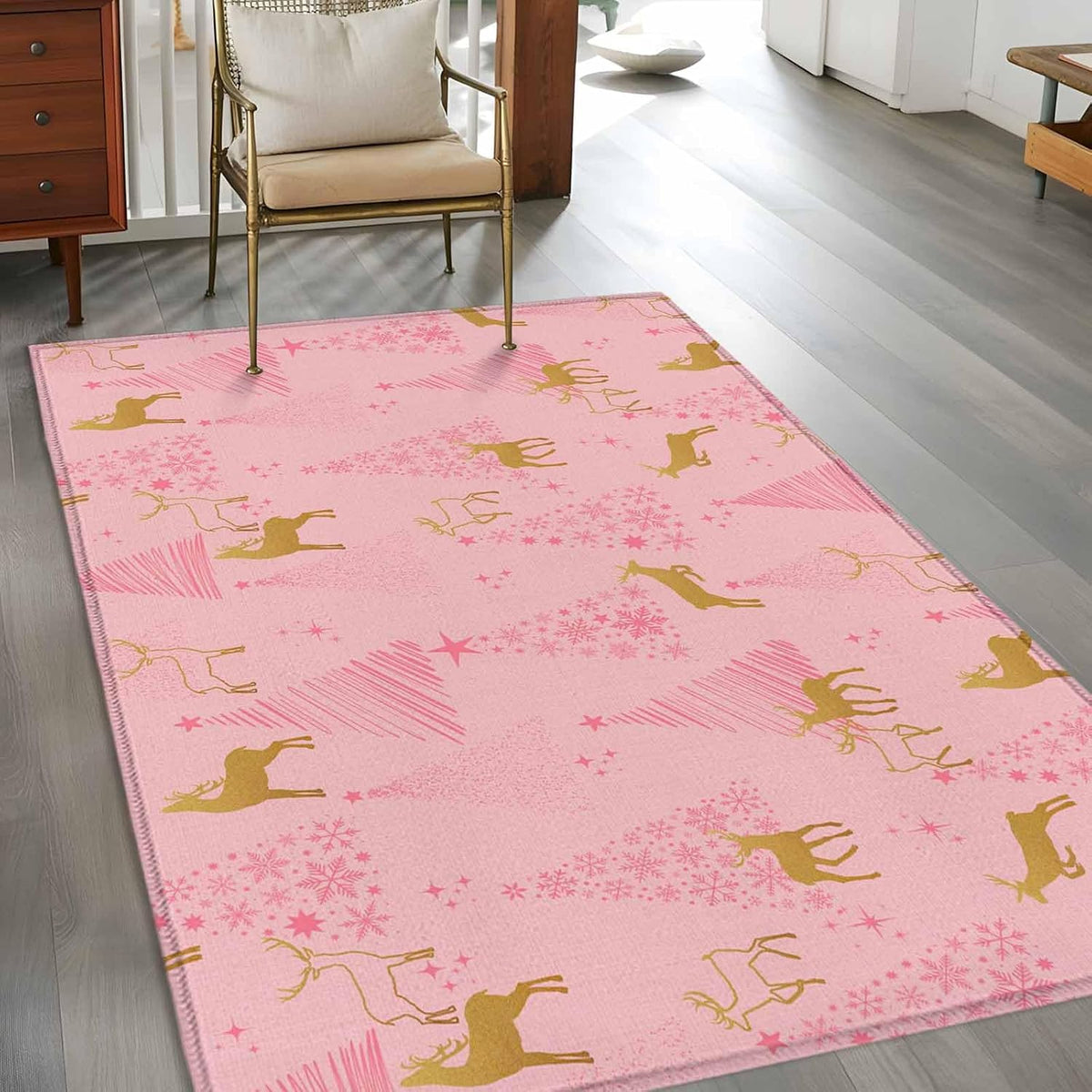 Hallway Runner Rugs 2.7x5 Ft, Christmas Pink Non Slip Area Rugs for Kitchen Bedroom Entryway, Yellow Reindeer Xmas Pine Trees Winter Washable Carpet Runner Rug Floor Mats for Bedroom Home Decor
