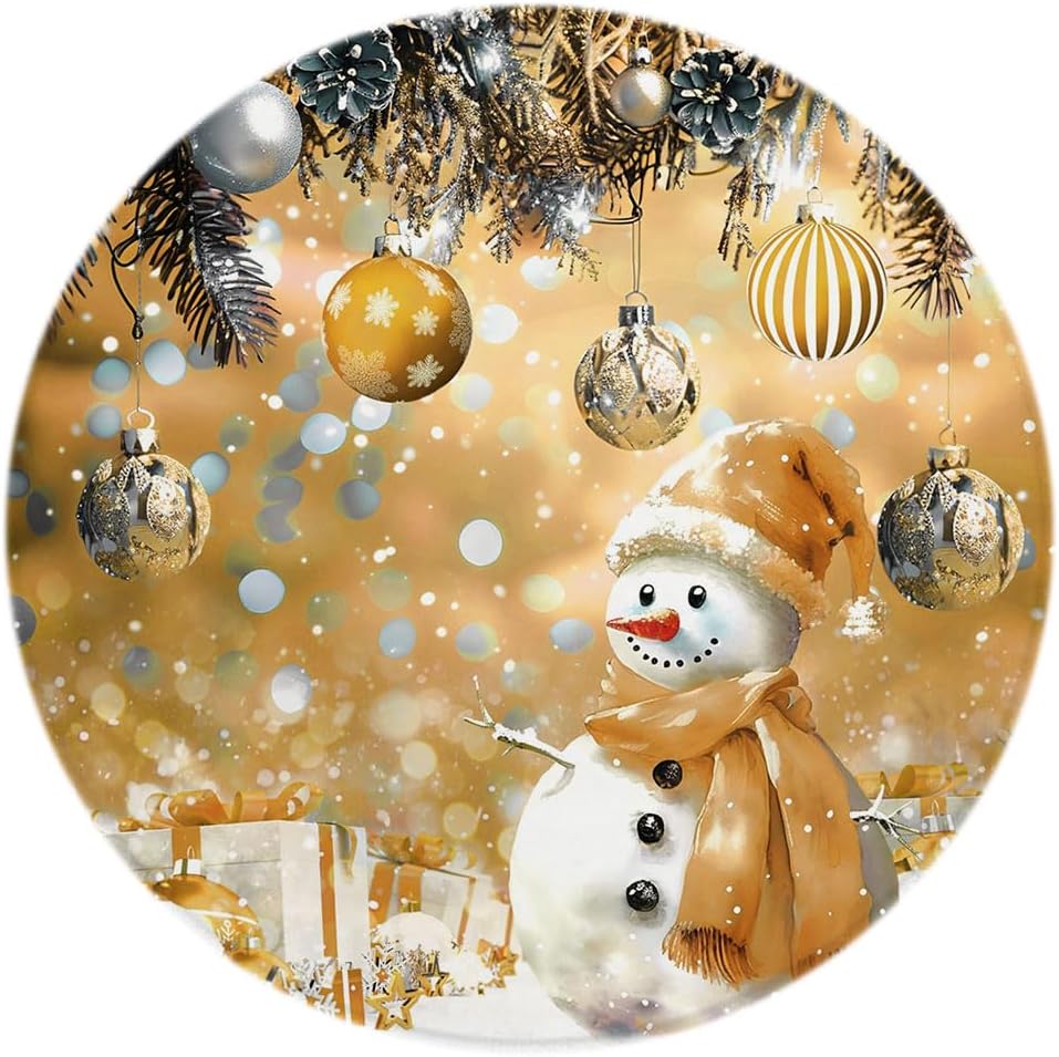 Round Area Rug Yellow Christmas Snowman Winter Xmas Ball Snowflake Pine Branch Funny Happy New Year Holiday Fantasy Circular Rugs Mat for Bedroom Living Room Carpet