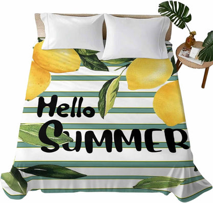 Flat Sheets Queen Size Bedding Sheet,Summer Yellow Lemon Leaf on Striped Soft Microfiber Breathable Top Sheets for Bedroom Hotel Luxury-1 Bed Flat Sheet Only,Farmhouse Fruit Theme