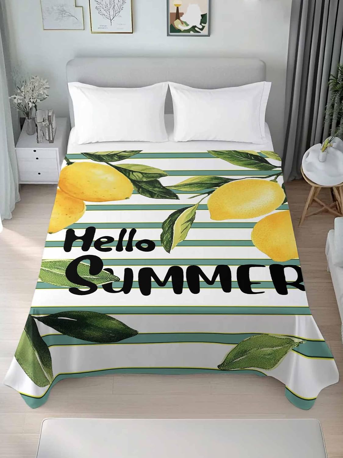 Flat Sheets Queen Size Bedding Sheet,Summer Yellow Lemon Leaf on Striped Soft Microfiber Breathable Top Sheets for Bedroom Hotel Luxury-1 Bed Flat Sheet Only,Farmhouse Fruit Theme