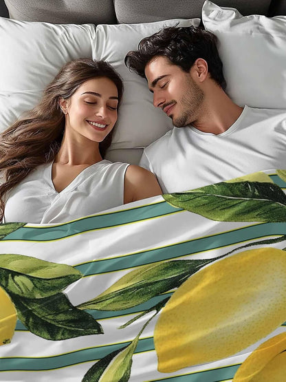 Flat Sheets Queen Size Bedding Sheet,Summer Yellow Lemon Leaf on Striped Soft Microfiber Breathable Top Sheets for Bedroom Hotel Luxury-1 Bed Flat Sheet Only,Farmhouse Fruit Theme