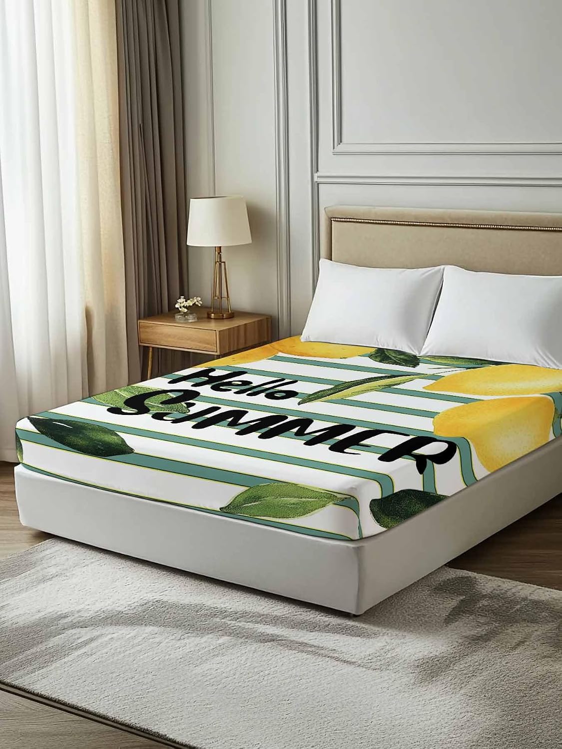 Flat Sheets Queen Size Bedding Sheet,Summer Yellow Lemon Leaf on Striped Soft Microfiber Breathable Top Sheets for Bedroom Hotel Luxury-1 Bed Flat Sheet Only,Farmhouse Fruit Theme