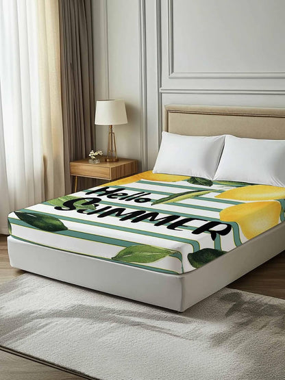 Flat Sheets Queen Size Bedding Sheet,Summer Yellow Lemon Leaf on Striped Soft Microfiber Breathable Top Sheets for Bedroom Hotel Luxury-1 Bed Flat Sheet Only,Farmhouse Fruit Theme