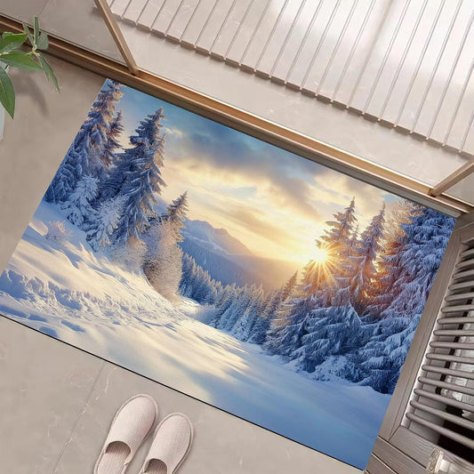 Washable Sunshine Over The Pine Mountains Area Rug Non-Slip Soft Winter Snow Scene Yellow Blue Print Floor Mats - for Bathroom Hallway Entrance Entryway Indoor Doormats
