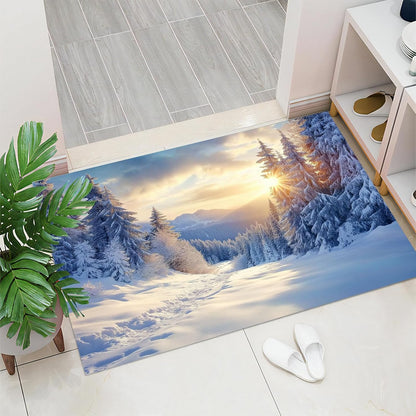 Washable Sunshine Over The Pine Mountains Area Rug Non-Slip Soft Winter Snow Scene Yellow Blue Print Floor Mats - for Bathroom Hallway Entrance Entryway Indoor Doormats