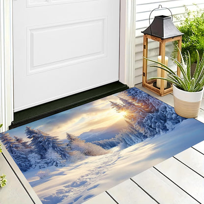 Washable Sunshine Over The Pine Mountains Area Rug Non-Slip Soft Winter Snow Scene Yellow Blue Print Floor Mats - for Bathroom Hallway Entrance Entryway Indoor Doormats