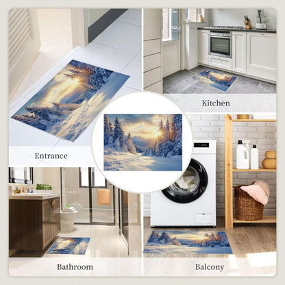 Washable Sunshine Over The Pine Mountains Area Rug Non-Slip Soft Winter Snow Scene Yellow Blue Print Floor Mats - for Bathroom Hallway Entrance Entryway Indoor Doormats